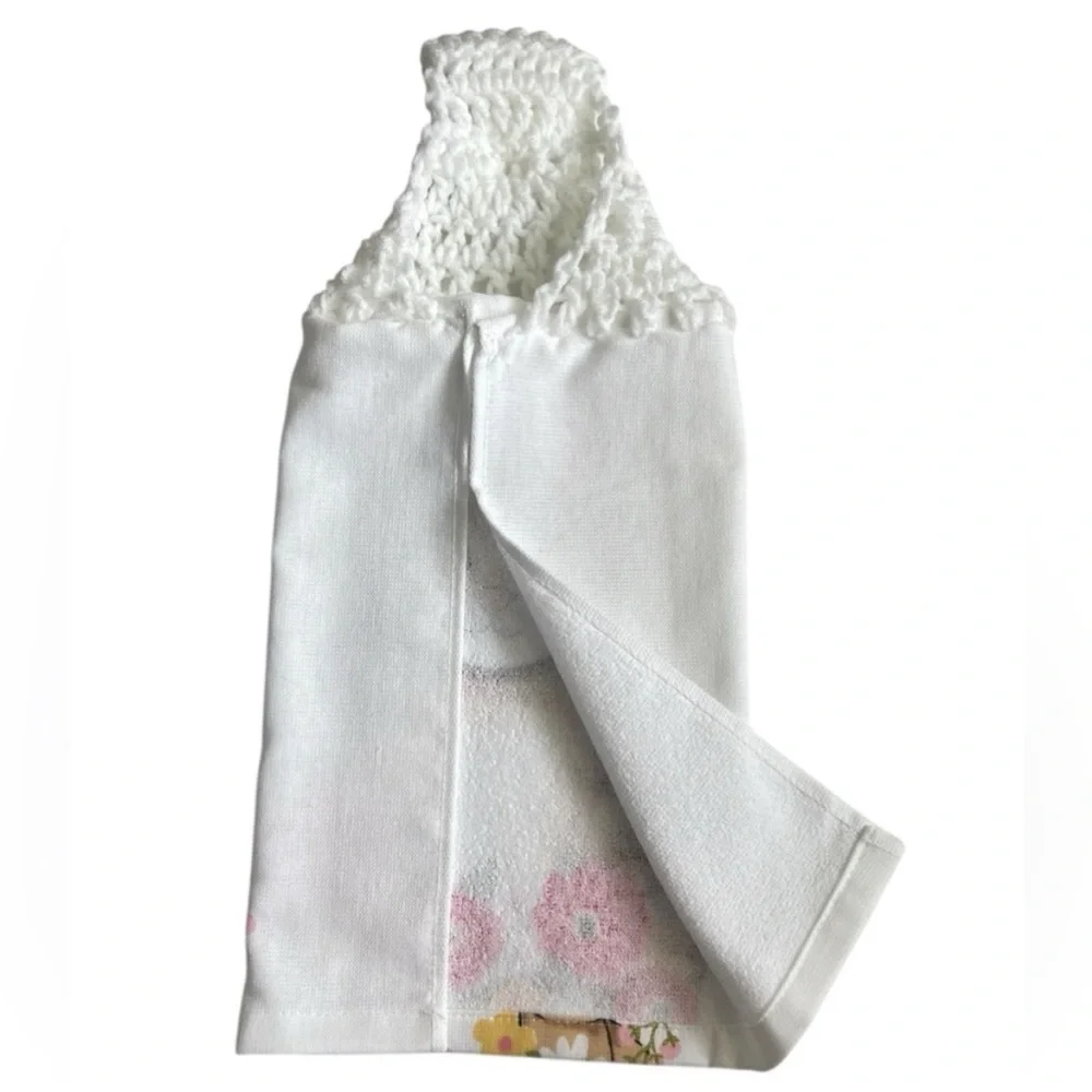 Hand Crafted Hanging Kitchen Hand Towel Cat and Flowers Colorful Crochet Top